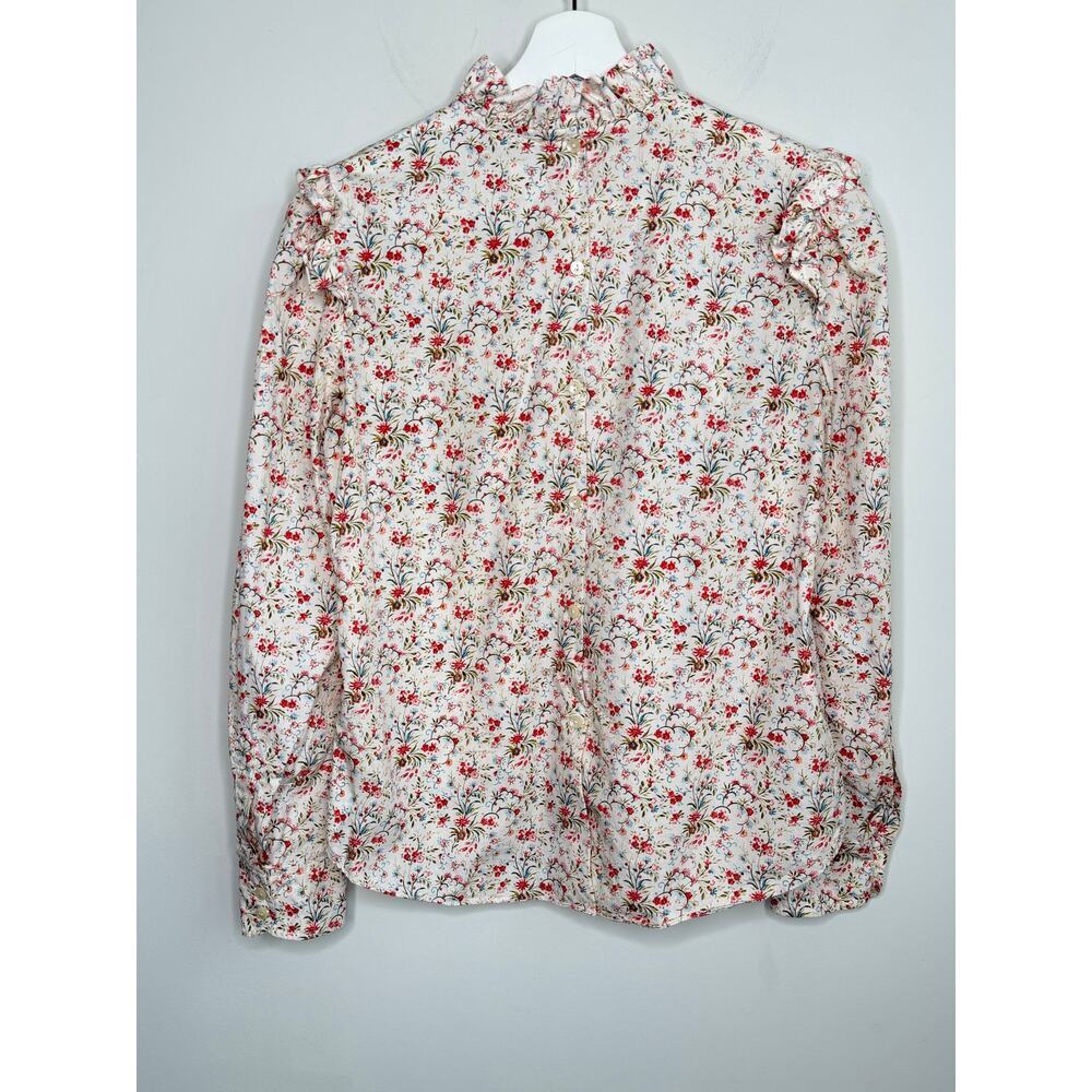 La Vie by Rebecca Taylor Floral Ruffle Neck Blouse Cream w/ Red & Green Small - Picture 9 of 12